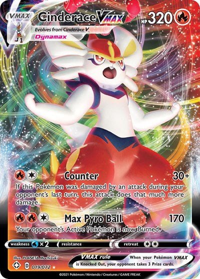 Pokémon card: Cinderace VMAX 019/072 from Shining Fates (Ultra Rare), Fire type, front of card