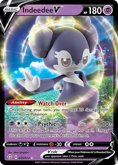 Pokémon card: Indeedee V 039/072 from Shining Fates (Ultra Rare), Psychic type, front of card