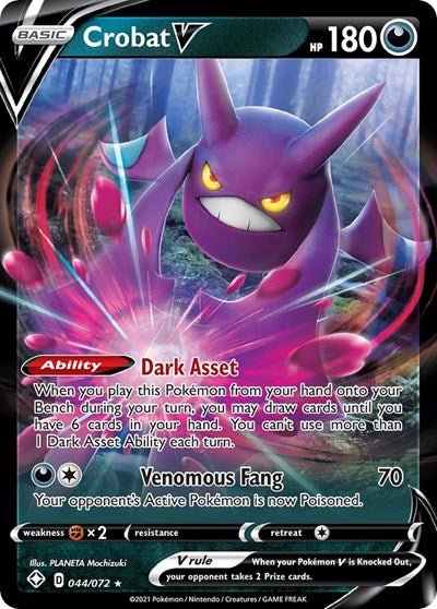 Pokémon card: Crobat V 044/072 from Shining Fates (Ultra Rare), Darkness type, front of card