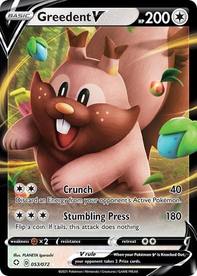 Pokémon card: Greedent V 053/072 from Shining Fates (Ultra Rare), Colorless type, front of card