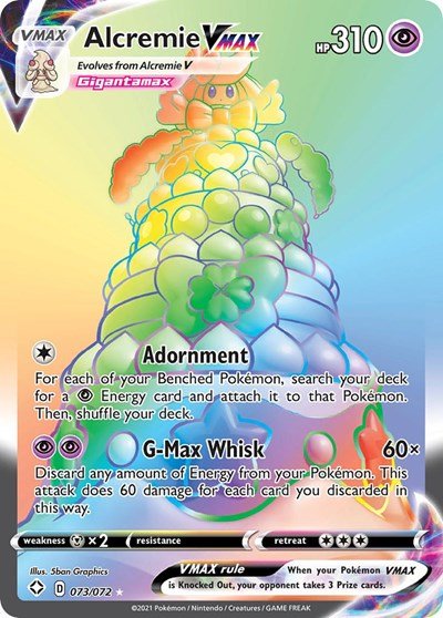 Pokémon card: Alcremie VMAX 073/072 from Shining Fates (Secret Rare), Psychic type, front of card