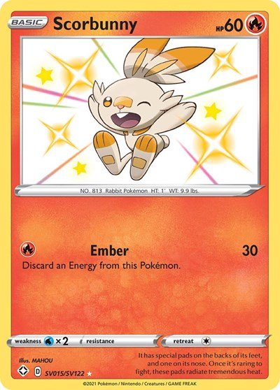 Pokémon card: Scorbunny SV015/SV122 from Shining Fates (Shiny Holo Rare), Fire type, front of card
