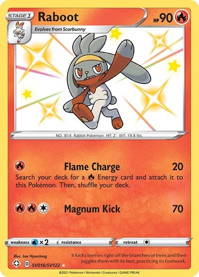 Pokémon card: Raboot SV016/SV122 from Shining Fates (Shiny Holo Rare), Fire type, front of card