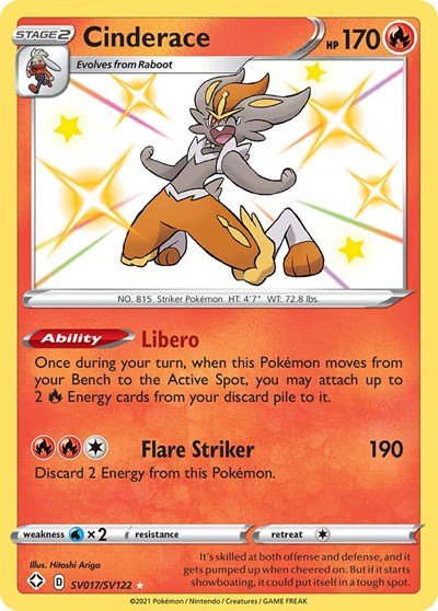 Pokémon card: Cinderace SV017/SV122 from Shining Fates (Shiny Holo Rare), Fire type, front of card