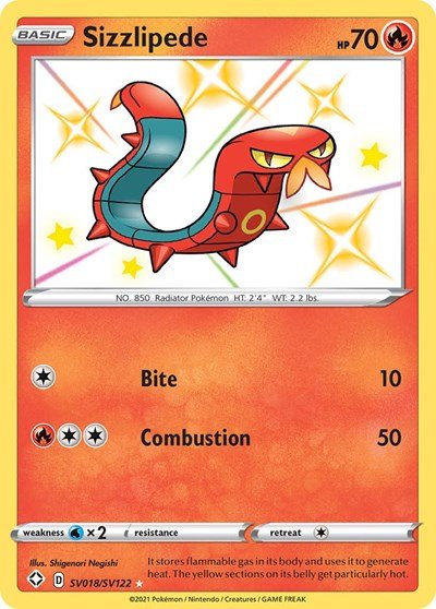 Pokémon card: Sizzlipede SV018/SV122 from Shining Fates (Shiny Holo Rare), Fire type, front of card