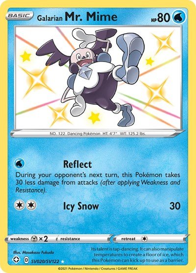 Pokémon card: Galarian Mr. Mime SV020/SV122 from Shining Fates (Shiny Holo Rare), Water type, front of card
