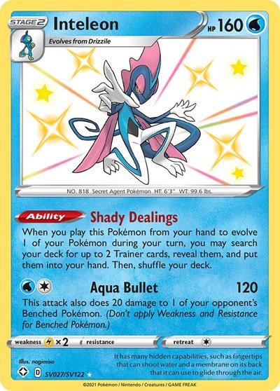 Pokémon card: Inteleon SV027/SV122 from Shining Fates (Shiny Holo Rare), Water type, front of card