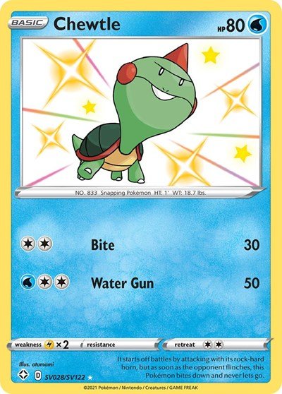 Pokémon card: Chewtle SV028/SV122 from Shining Fates (Shiny Holo Rare), Water type, front of card