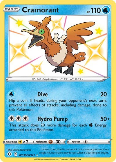 Pokémon card: Cramorant SV030/SV122 from Shining Fates (Shiny Holo Rare), Water type, front of card