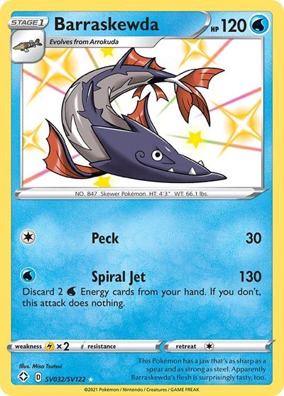 Pokémon card: Barraskewda SV032/SV122 from Shining Fates (Shiny Holo Rare), Water type, front of card