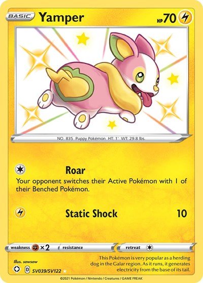 Pokémon card: Yamper SV039/SV122 from Shining Fates (Shiny Holo Rare), Lightning type, front of card