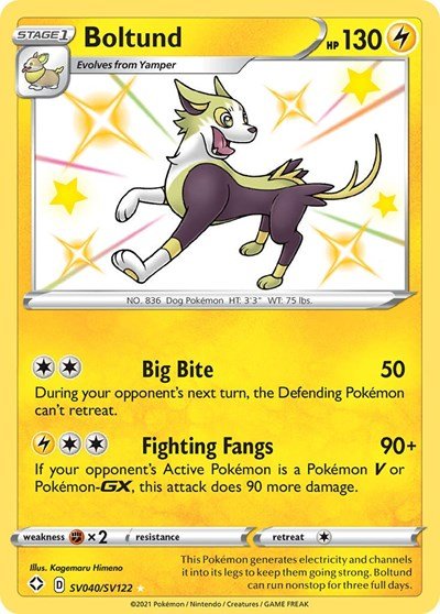 Pokémon card: Boltund SV040/SV122 from Shining Fates (Shiny Holo Rare), Lightning type, front of card