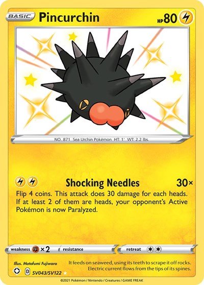 Pokémon card: Pincurchin SV043/SV122 from Shining Fates (Shiny Holo Rare), Lightning type, front of card