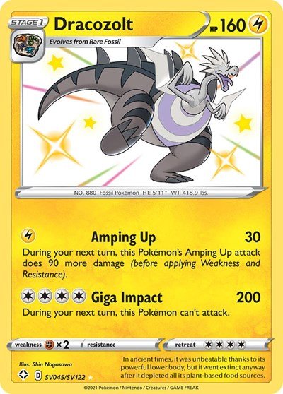 Pokémon card: Dracozolt SV045/SV122 from Shining Fates (Shiny Holo Rare), Lightning type, front of card