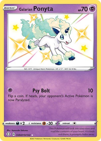 Pokémon card: Galarian Ponyta SV047/SV122 from Shining Fates (Shiny Holo Rare), Psychic type, front of card