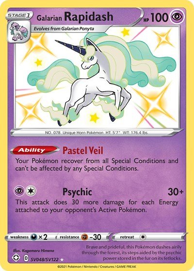 Pokémon card: Galarian Rapidash SV048/SV122 from Shining Fates (Shiny Holo Rare), Psychic type, front of card