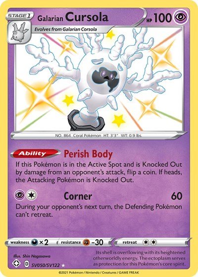 Pokémon card: Galarian Cursola SV050/SV122 from Shining Fates (Shiny Holo Rare), Psychic type, front of card