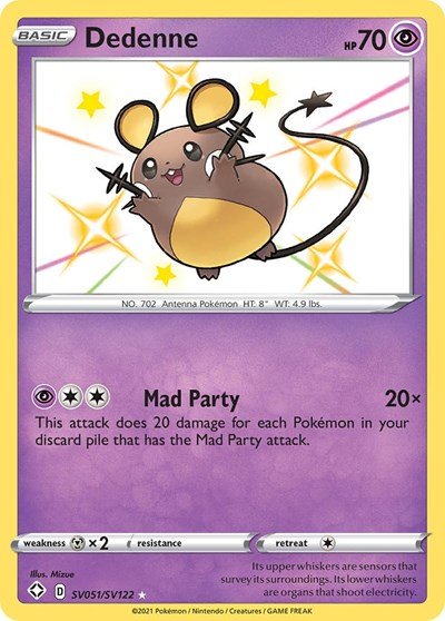 Pokémon card: Dedenne SV051/SV122 from Shining Fates (Shiny Holo Rare), Psychic type, front of card