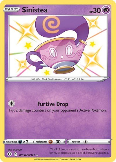 Pokémon card: Sinistea SV052/SV122 from Shining Fates (Shiny Holo Rare), Psychic type, front of card