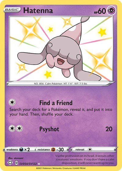 Pokémon card: Hatenna SV054/SV122 from Shining Fates (Shiny Holo Rare), Psychic type, front of card