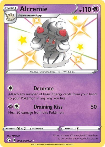 Pokémon card: Alcremie SV058/SV122 from Shining Fates (Shiny Holo Rare), Psychic type, front of card