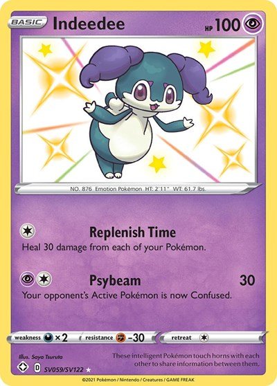 Pokémon card: Indeedee SV059/SV122 from Shining Fates (Shiny Holo Rare), Psychic type, front of card