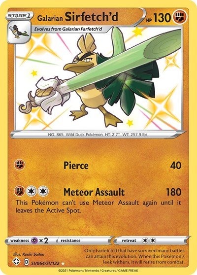 Pokémon card: Galarian Sirfetch'd SV064/SV122 from Shining Fates (Shiny Holo Rare), Fighting type, front of card