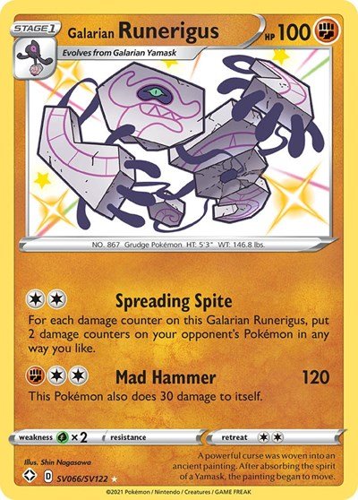 Pokémon card: Galarian Runerigus SV066/SV122 from Shining Fates (Shiny Holo Rare), Fighting type, front of card