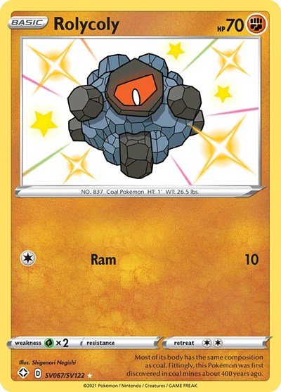 Pokémon card: Rolycoly SV067/SV122 from Shining Fates (Shiny Holo Rare), Fighting type, front of card