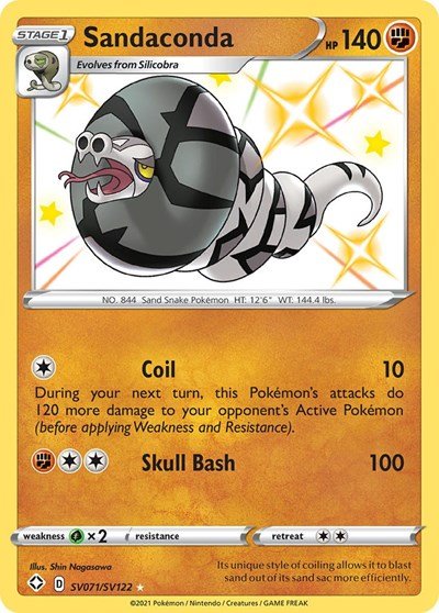 Pokémon card: Sandaconda SV071/SV122 from Shining Fates (Shiny Holo Rare), Fighting type, front of card