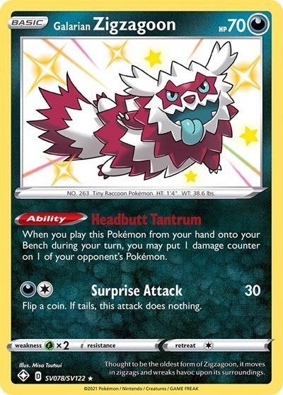Pokémon card: Galarian Zigzagoon SV078/SV122 from Shining Fates (Shiny Holo Rare), Darkness type, front of card