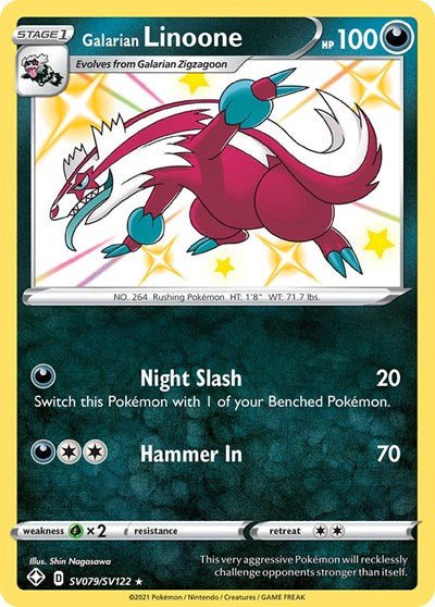 Pokémon card: Galarian Linoone SV079/SV122 from Shining Fates (Shiny Holo Rare), Darkness type, front of card