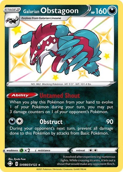 Pokémon card: Galarian Obstagoon SV080/SV122 from Shining Fates (Shiny Holo Rare), Darkness type, front of card