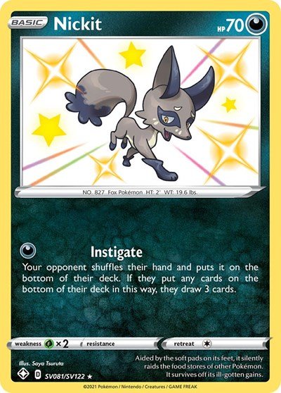 Pokémon card: Nickit SV081/SV122 from Shining Fates (Shiny Holo Rare), Darkness type, front of card