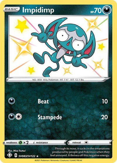 Pokémon card: Impidimp SV083/SV122 from Shining Fates (Shiny Holo Rare), Darkness type, front of card