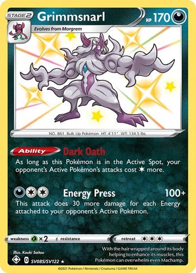 Pokémon card: Grimmsnarl SV085/SV122 from Shining Fates (Shiny Holo Rare), Darkness type, front of card