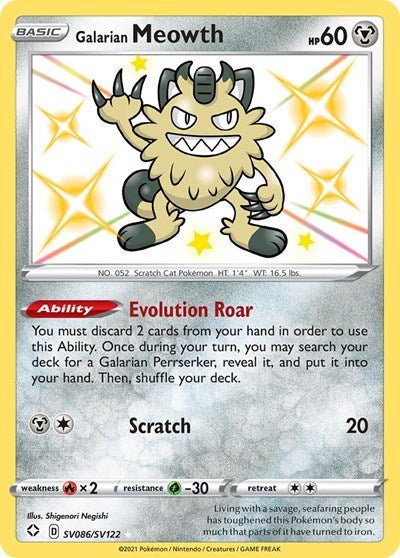 Pokémon card: Galarian Meowth SV086/SV122 from Shining Fates (Shiny Holo Rare), Metal type, front of card
