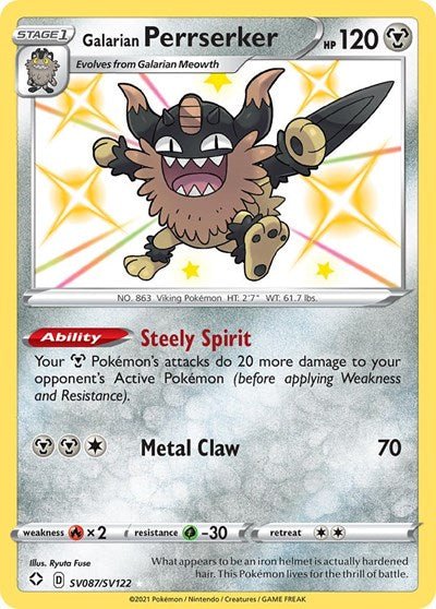 Pokémon card: Galarian Perrserker SV087/SV122 from Shining Fates (Shiny Holo Rare), Metal type, front of card