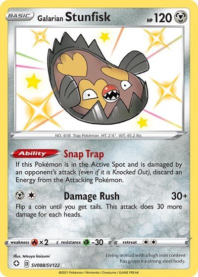 Pokémon card: Galarian Stunfisk SV088/SV122 from Shining Fates (Shiny Holo Rare), Metal type, front of card