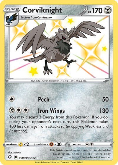 Pokémon card: Corviknight SV089/SV122 from Shining Fates (Shiny Holo Rare), Colorless type, front of card