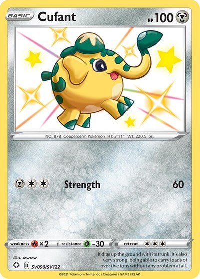 Pokémon card: Cufant SV090/SV122 from Shining Fates (Shiny Holo Rare), Metal type, front of card