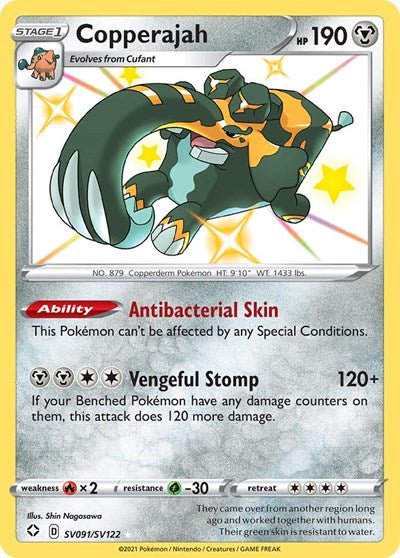Pokémon card: Copperajah SV091/SV122 from Shining Fates (Shiny Holo Rare), Metal type, front of card