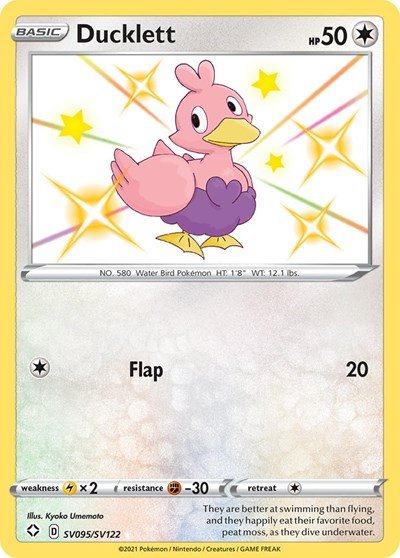 Pokémon card: Ducklett SV095/SV122 from Shining Fates (Shiny Holo Rare), Colorless type, front of card