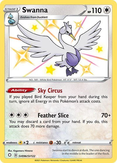 Pokémon card: Swanna SV096/SV122 from Shining Fates (Shiny Holo Rare), Colorless type, front of card