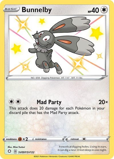 Pokémon card: Bunnelby SV097/SV122 from Shining Fates (Shiny Holo Rare), Colorless type, front of card