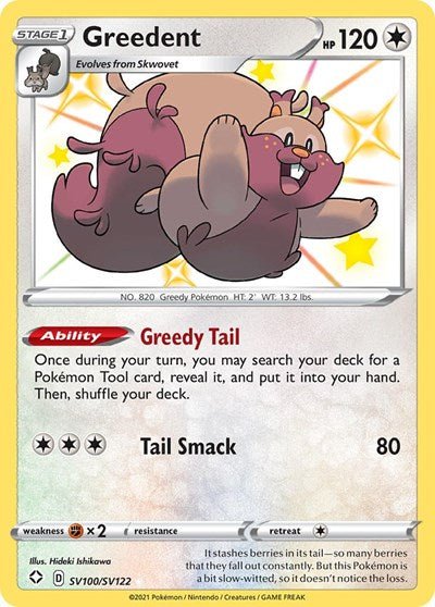Pokémon card: Greedent SV100/SV122 from Shining Fates (Shiny Holo Rare), Colorless type, front of card