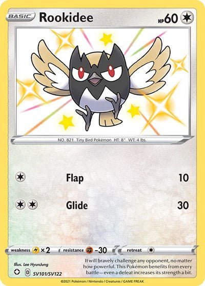 Pokémon card: Rookidee SV101/SV122 from Shining Fates (Shiny Holo Rare), Colorless type, front of card