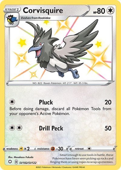 Pokémon card: Corvisquire SV102/SV122 from Shining Fates (Shiny Holo Rare), Colorless type, front of card