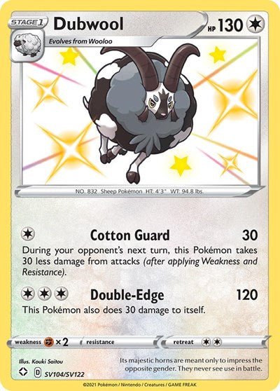 Pokémon card: Dubwool SV104/SV122 from Shining Fates (Shiny Holo Rare), Colorless type, front of card