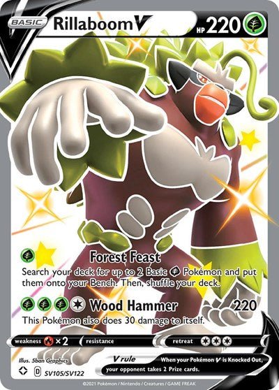 Pokémon card: Rillaboom V SV105/SV122 from Shining Fates (Shiny Holo Rare), Grass type, front of card